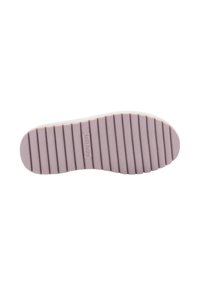 Suola delle scarpe in gomma viola chiaro con scanalature orizzontali per una migliore trazione, punta arrotondata e discreto marchio in rilievo nella parte inferiore.