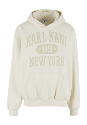 Ekre kapuutsiga dressipluus esatasku, soonikkoes mansetid ja ääred, esiküljel tekstiga "KARL KANI 89 NEW YORK".