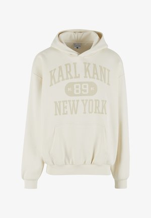 Ekre kapuutsiga dressipluus esatasku, soonikkoes mansetid ja ääred, esiküljel tekstiga "KARL KANI 89 NEW YORK".