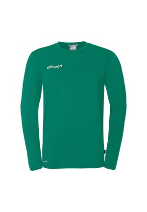 Groen sportshirt met lange mouwen, met het "uhlsport"-logo op de borst en een klein wit "athleteFIT"-label vlakbij de onderzoom.