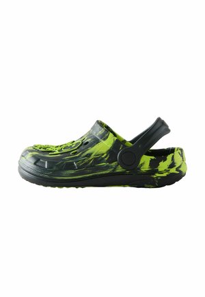 Black and neon green molded clogs with an adjustable heel strap, circular ventilation holes, and a textured surface pattern.