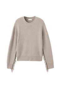 Beige knitted sweater with a textured ribbed pattern, featuring long fringe accents on one side and a round neckline.