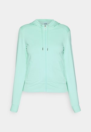 Sudadera con cremallera verde menta hecha de una tela suave, que cuenta con capucha, dos bolsillos laterales y acentos en contraste a lo largo de las costuras.