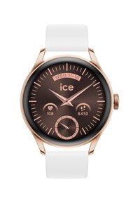 Orologio smartwatch rotondo con quadrante marrone, accenti in oro rosa, cinturino in silicone bianco, che mostra la data e le metriche di fitness.