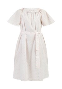 Bavlnené šaty s krátkymi rukávmi, zberaným výstrihom a pásom na viazanie. Biely základ s malými, farebnými bodkami v ružovej a oranžovej.