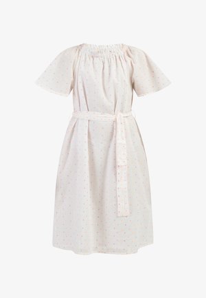 Pamutruha rövid ujjakkal, ráncolt nyakkal és derékkötővel. Fehér alap kis, színes pöttyökkel rózsaszín és narancssárga színben.