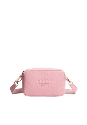 Rectangular pink textured crossbody bag with adjustable strap and embossed "SOCCX ORIGINAL BRAND" logo on front.