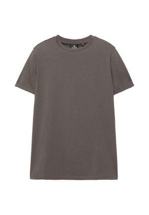 Enkelt mørkegrå kortærmet T-shirt med rund hals og synlig mærke indeni halsudskæringen mod en hvid baggrund.