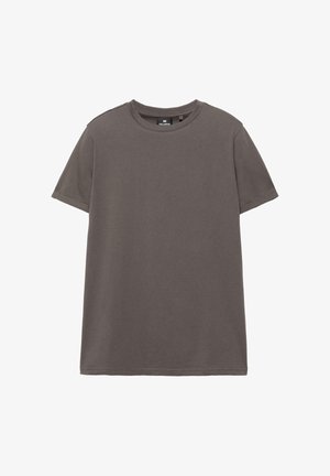 Prosty ciemnoszary T-shirt z krótkim rękawem i okrągłym dekoltem, z widoczną metką w środku kołnierza, na białym tle.