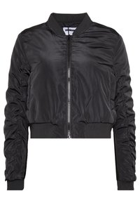 Černá zkrácená bomber bunda z lesklé, hladké tkaniny s vroubkovanými manžetami a límcem. Obsahuje přední zip a řasené detaily na rukávech.