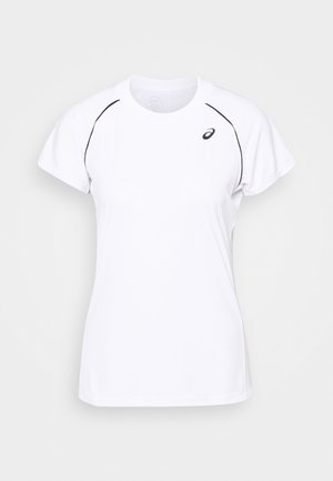 Vit atletisk kortärmad tröja med svart kantning på axlarna och en liten svart sportlogotyp på vänster bröst.