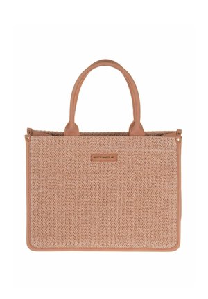 Sac fourre-tout rectangulaire en tissu tissé rose clair avec des poignées et des garnitures en cuir tanné durable, doté d'une plaque logo à l'avant.