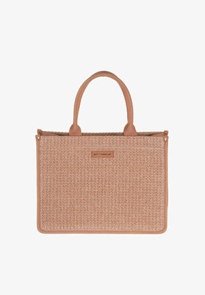 Sac fourre-tout rectangulaire en tissu tissé rose clair avec des poignées et des garnitures en cuir tanné durable, doté d'une plaque logo à l'avant.