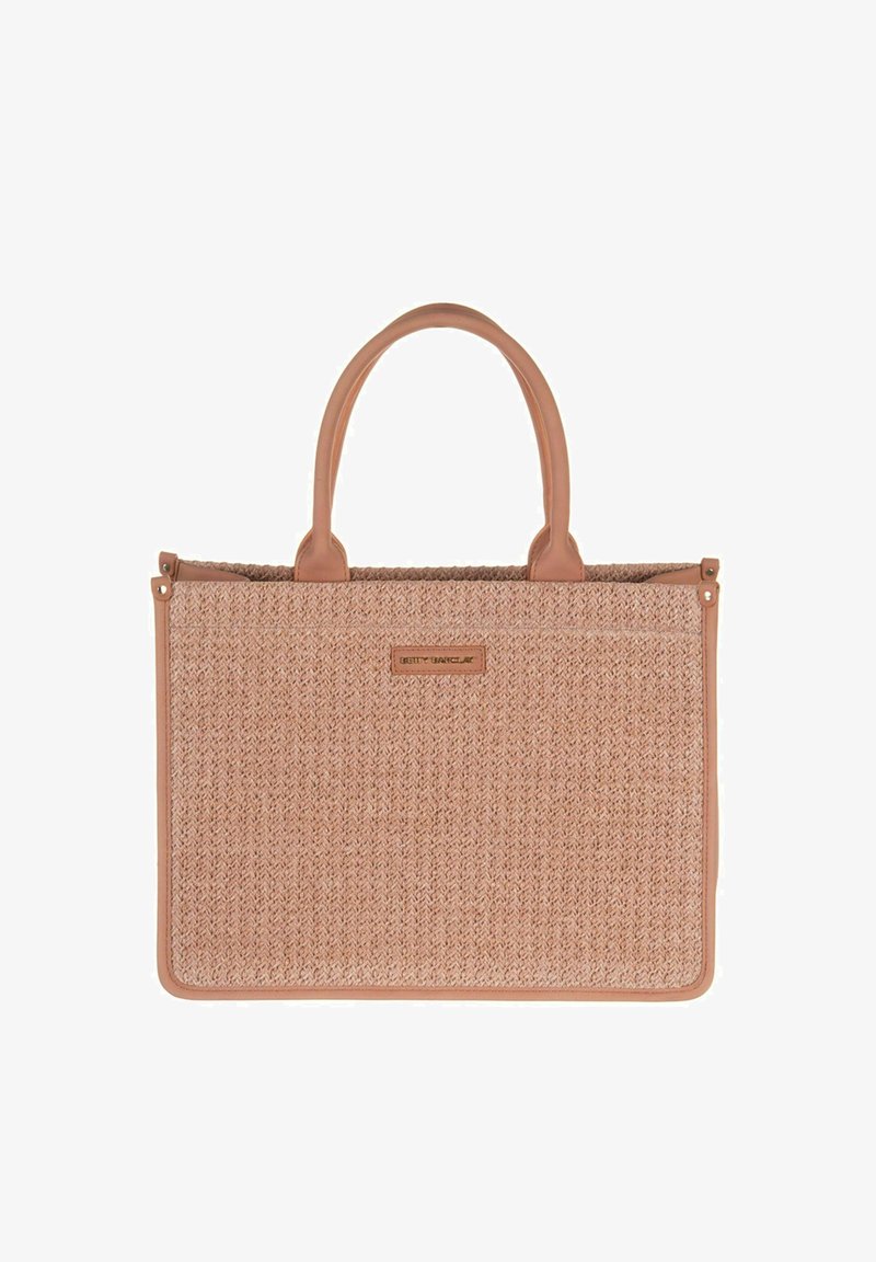 Sac fourre-tout rectangulaire en tissu tissé rose clair avec des poignées et des garnitures en cuir tanné durable, doté d'une plaque logo à l'avant.