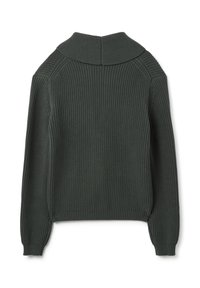 Maglione a coste di un verde scuro con un ampio colletto, maniche lunghe e un motivo a maglia testurizzato. Presenta una vestibilità morbida e dettagli di cucitura sottili.