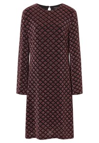 Long-sleeve dress in dark maroon with a textured diamond pattern. Features a keyhole back closure and a loose, straight fit.