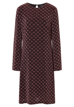 Long-sleeve dress in dark maroon with a textured diamond pattern. Features a keyhole back closure and a loose, straight fit.