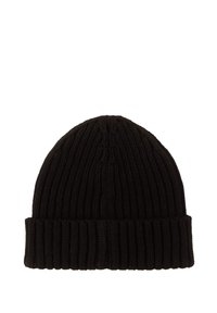 Czarna prążkowana czapka z dzianiny z podwiniętym mankietem, zaprojektowana z myślą o ciepłe i codziennym noszeniu.