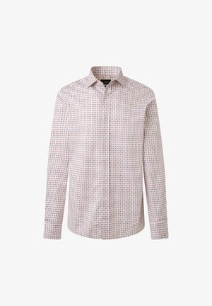 Camisa de manga larga, blanca con un pequeño patrón geométrico en rosa y marrón. Cuenta con un cuello clásico y cierre frontal con botones.