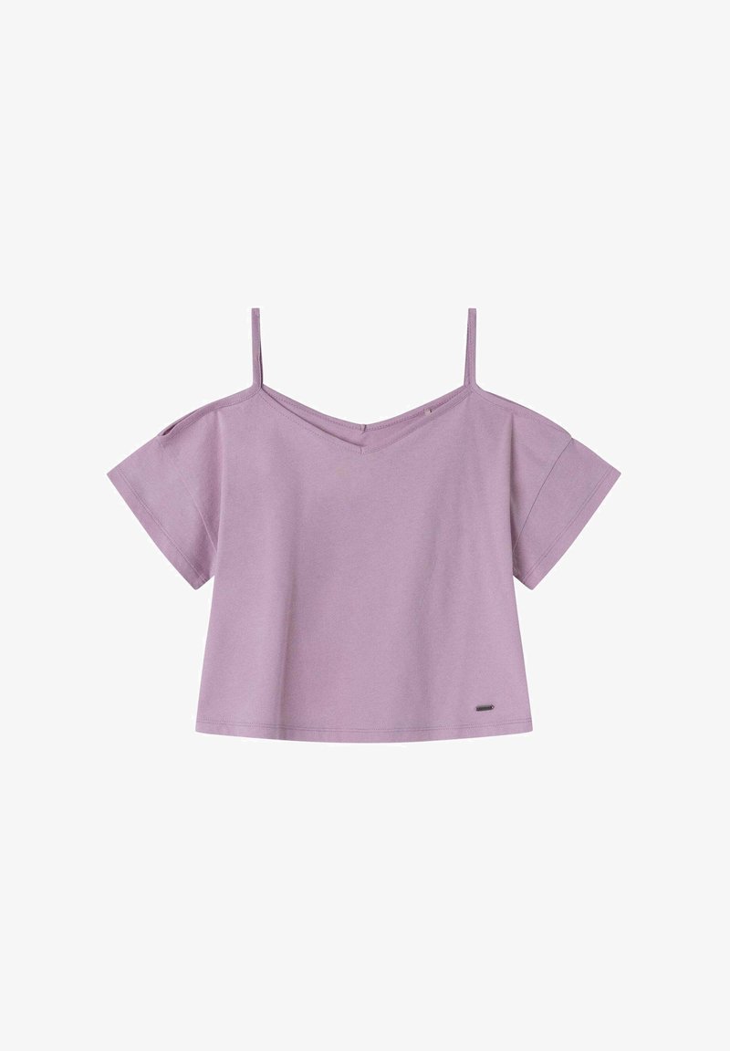 Gaiši violeta īsām piedurknēm blūze ar v veida kakla izgriezumu un plānām siksniņām. Mīksta auduma; ir viegli A formas siluets un neliela logotipa birka apakšmalā.