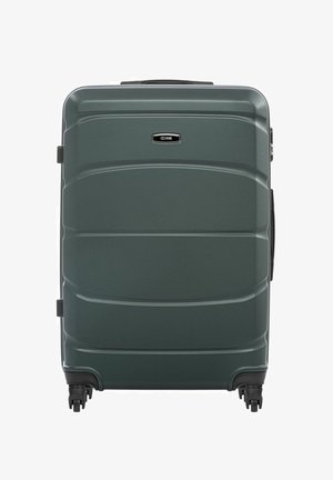 Ciemnozielona, twarda walizka na czterech obrotowych kółkach z czarną rączką, z nazwą marki Ochnik umieszczoną na środkowej części przedniego panelu.