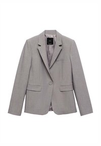 Grau blazer aus strukturiertem Stoff, mit einem einzelnen Knopf, Reverskragen und zwei Vorderaschen. Das Innenfutter ist glatt.