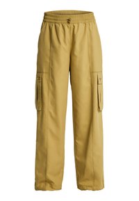 Pantaloni cargo di colore senape chiaro realizzati in tessuto leggero. Presentano una vita elastica e due tasche laterali cargo.