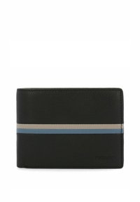 Billetera de cuero negro con una textura suave y un patrón de rayas horizontales en beige y azul claro. Logotipo grabado en la parte inferior derecha.