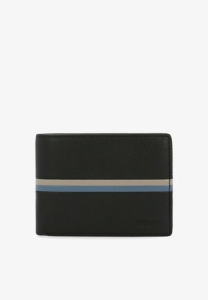 Schwarze Lederbörse mit einer glatten Textur und einem horizontalen Streifenmuster in Beige und Hellblau. Logo geprägt in der unteren rechten Ecke.