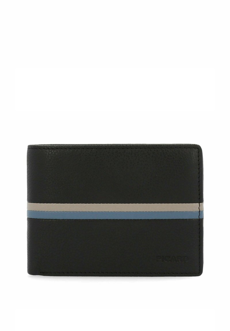 Billetera de cuero negro con una textura suave y un patrón de rayas horizontales en beige y azul claro. Logotipo grabado en la parte inferior derecha.