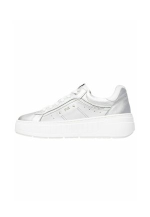 Silver metallic sneaker with a textured upper, white thick sole, stitched detailing, and eyelet accents for laces. Features a rounded toe.