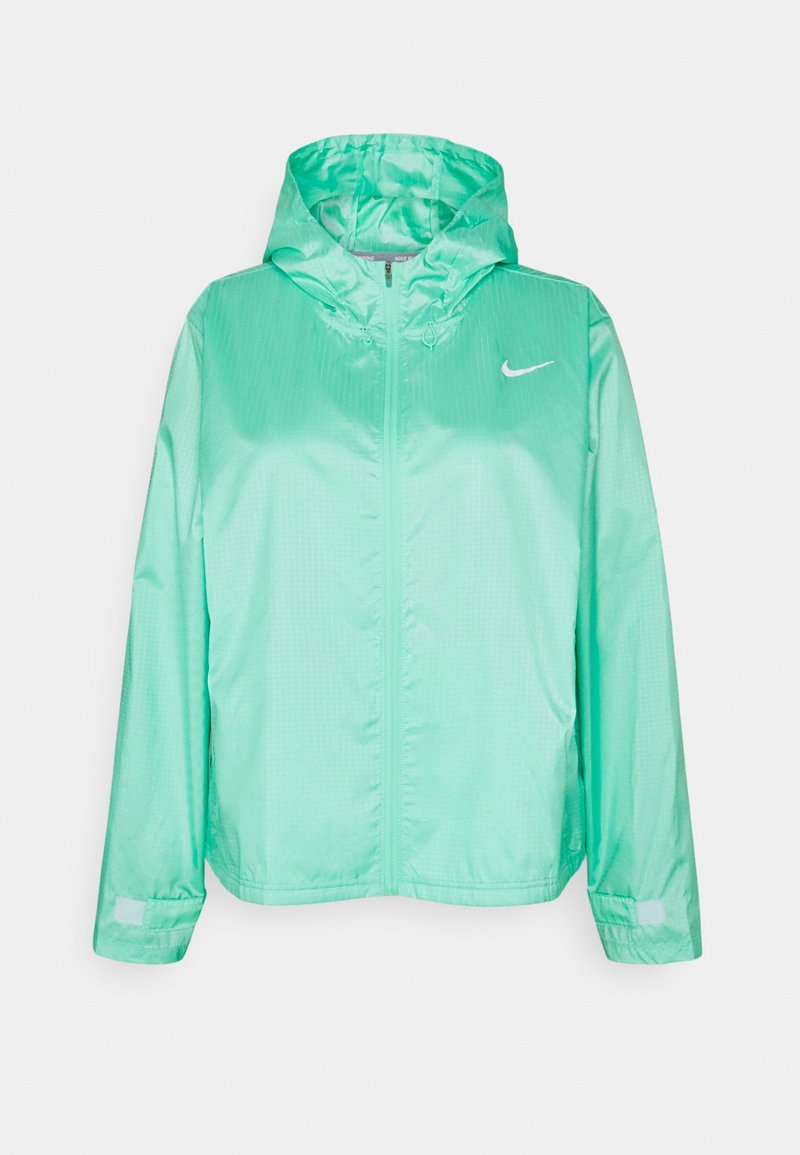 Lichtgroene Nike windbreaker jas met capuchon, volledige voorkant rits en verstelbare manchetten aan lange mouwen.