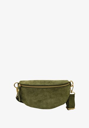 Sac bandoulière en daim vert avec fermeture éclair dorée. Forme ronde, bandoulière réglable et accents en métal. Texture lisse.