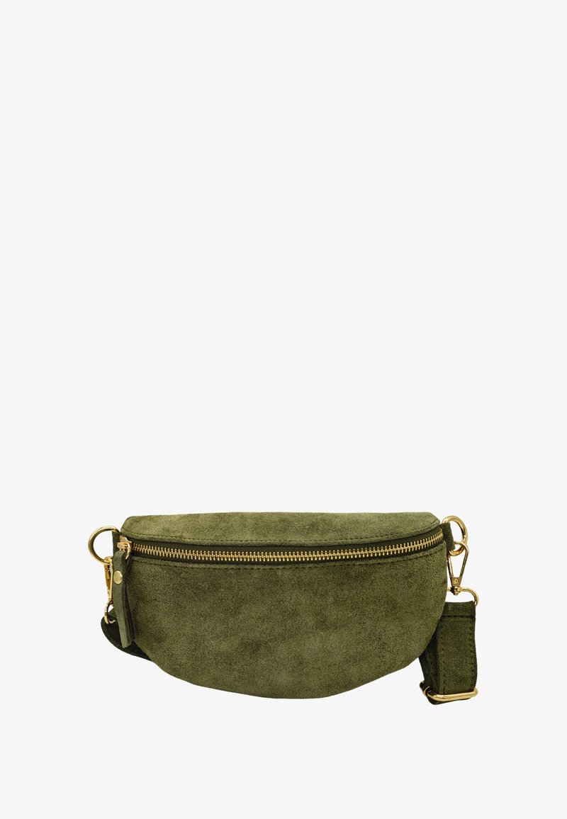 Sac bandoulière en daim vert avec fermeture éclair dorée. Forme ronde, bandoulière réglable et accents en métal. Texture lisse.