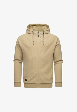 Beige Reißverschluss-Hoodie aus strukturiertem Material. Mit Kordelzugkapuze, zwei Seitentaschen und einem Logo-Label am unteren Saum.