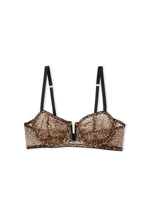 Reggiseno in materiale leopardato trasparente, con coppe a stecche, bordi in pizzo nero e spalline regolabili. Presenta un design frontale a forma di V.