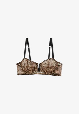 Bra with a transparent leopard print material, underwire cups, black lace trim, and adjustable straps. Features a V-shaped front design.