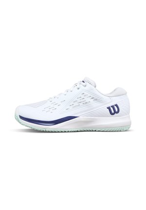 White athletic shoe with navy blue accents, perforated sides for ventilation, and a textured sole for grip, viewed from the outer side.