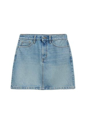 Gonna di jeans azzurro chiaro con vita alta, taglio dritto, tasche anteriori e chiusura con bottone. Presenta una texture liscia e una finitura pulita.