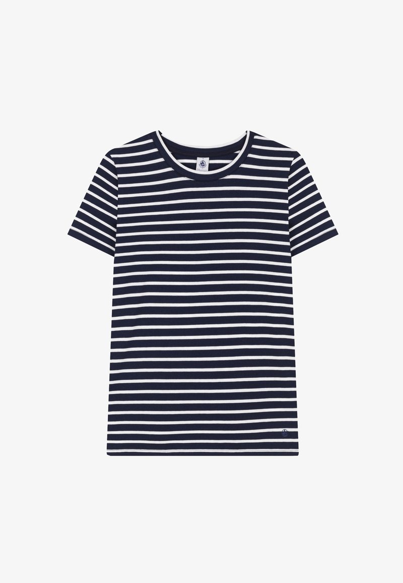 Marinblå och vit randig t-shirt med kort ärm, rund halsringning och en liten logotyp på nedre vänstra kanten. Tyg i bomullsblandning.