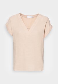 Top corto a maniche corte color beige chiaro con scollatura a V, caratterizzato da un tessuto texturizzato e stropicciato e una vestibilità rilassata. Design semplice senza motivi o ornamenti.