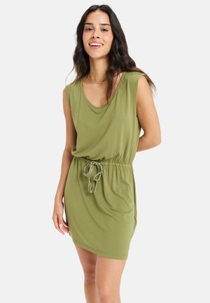 Olive green sleeveless dress with a loose fit, waist drawstring, and smooth fabric. Features a rounded neckline and side pockets.