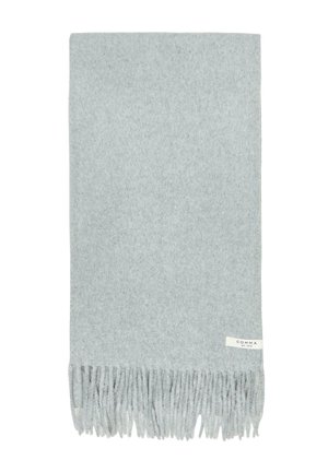 Light gray woolen scarf with fringed ends and a small white label reading "COMMA est. 1973" on one side.