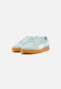 Sneaker in suede blu cielo con accenti bianchi e suola in gomma naturale. Presentano lacci tondi e colletto imbottito. Design semplice e stile versatile.