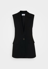 Schwarzer ärmelloser Blazer mit scharfen Revers, einem einzigen Knopfverschluss und zwei vorderen Taschen, aus glattem, strukturiertem Stoff gefertigt.