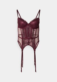 Burgunderfarbene Spitzen-Corsage mit strukturierten Cups, transparenten Einsätzen und verstellbaren Satin-Trägern. Mit Spitze verziert und mit Hakenverschlüssen ausgestattet.