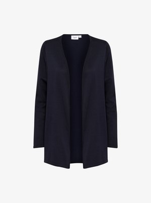 Tengerészkék, nyitott frontú kardigán, puha, texturált kötött anyagból. Hosszú ujjakkal és laza szabással, gombok vagy díszítés nélkül.