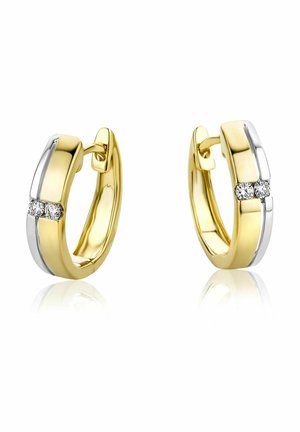 Orecchini a cerchio in oro e argento con due piccoli diamanti rotondi posizionati affiancati sulla superficie anteriore di ogni orecchino.