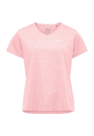 Lichtroze T-shirt met korte mouwen en V-hals, gemaakt van een zachte, gestructureerde stof, met een klein wit logo op de borst.