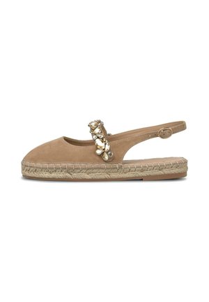 Espadrille plate en daim beige avec semelle en jute, bride arrière et bande décorative ornée de bijoux sur le cou-de-pied.